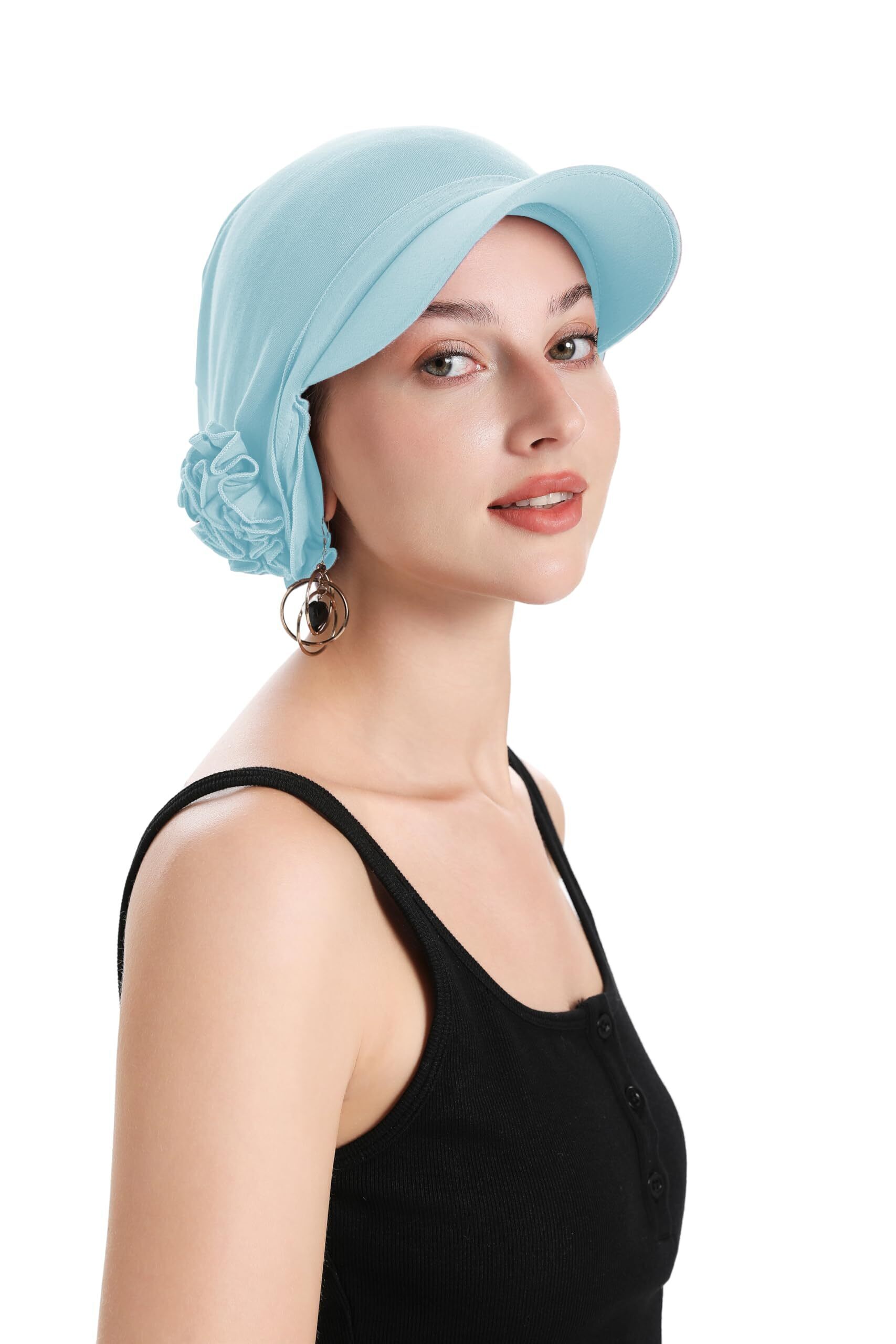 1679 Chemo Beanie With Brim Visor Summer Floral Head Wrapsblue,One Size